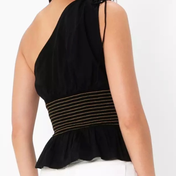 ZARA ONE SHOULDER CONTRAST STICTH SHIRRED WAIST POPLIN TOP BLACK Size Small - Picture 2 of 4